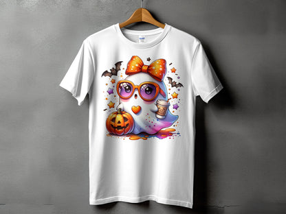 White t-shirt with a cute ghost, pumpkin, coffee cup, and bats Halloween graphic.