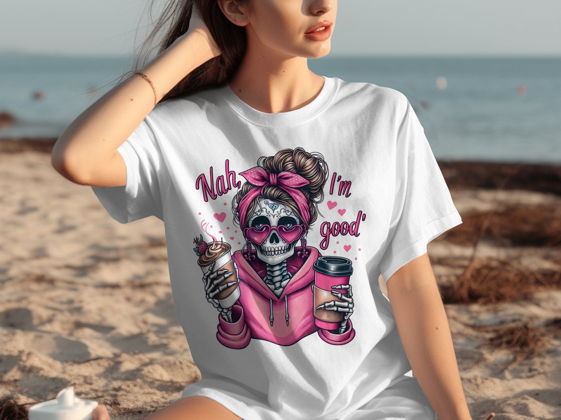 Nah I'm Good Skull With Coffee And Cupcake Shirt