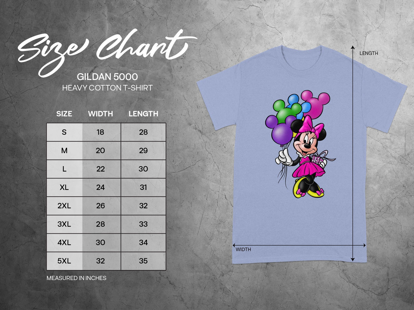 Gildan 5000 Size Chart in Inches Minnie Mouse product type