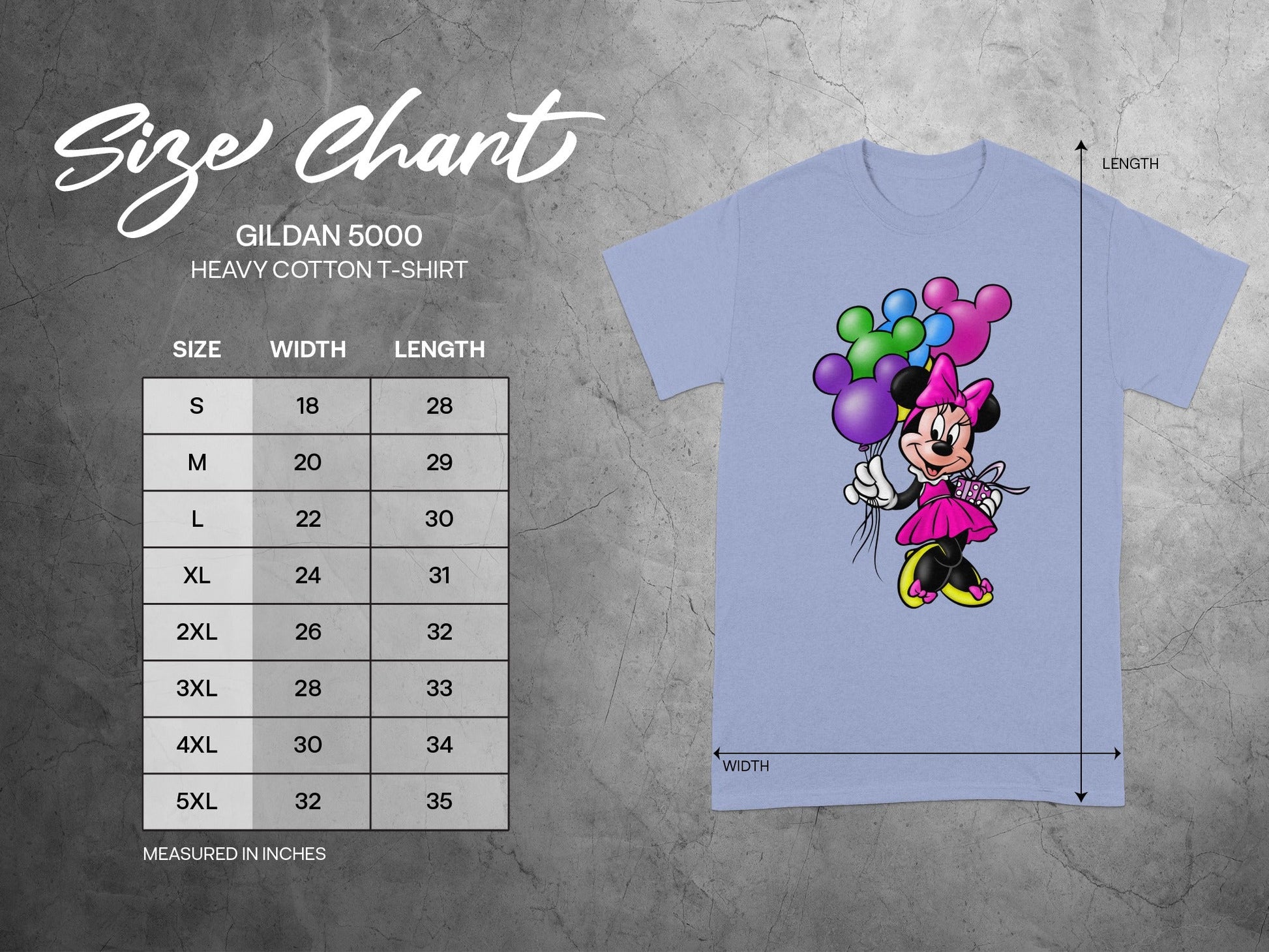 Gildan 5000 Size Chart in Inches Minnie Mouse product type