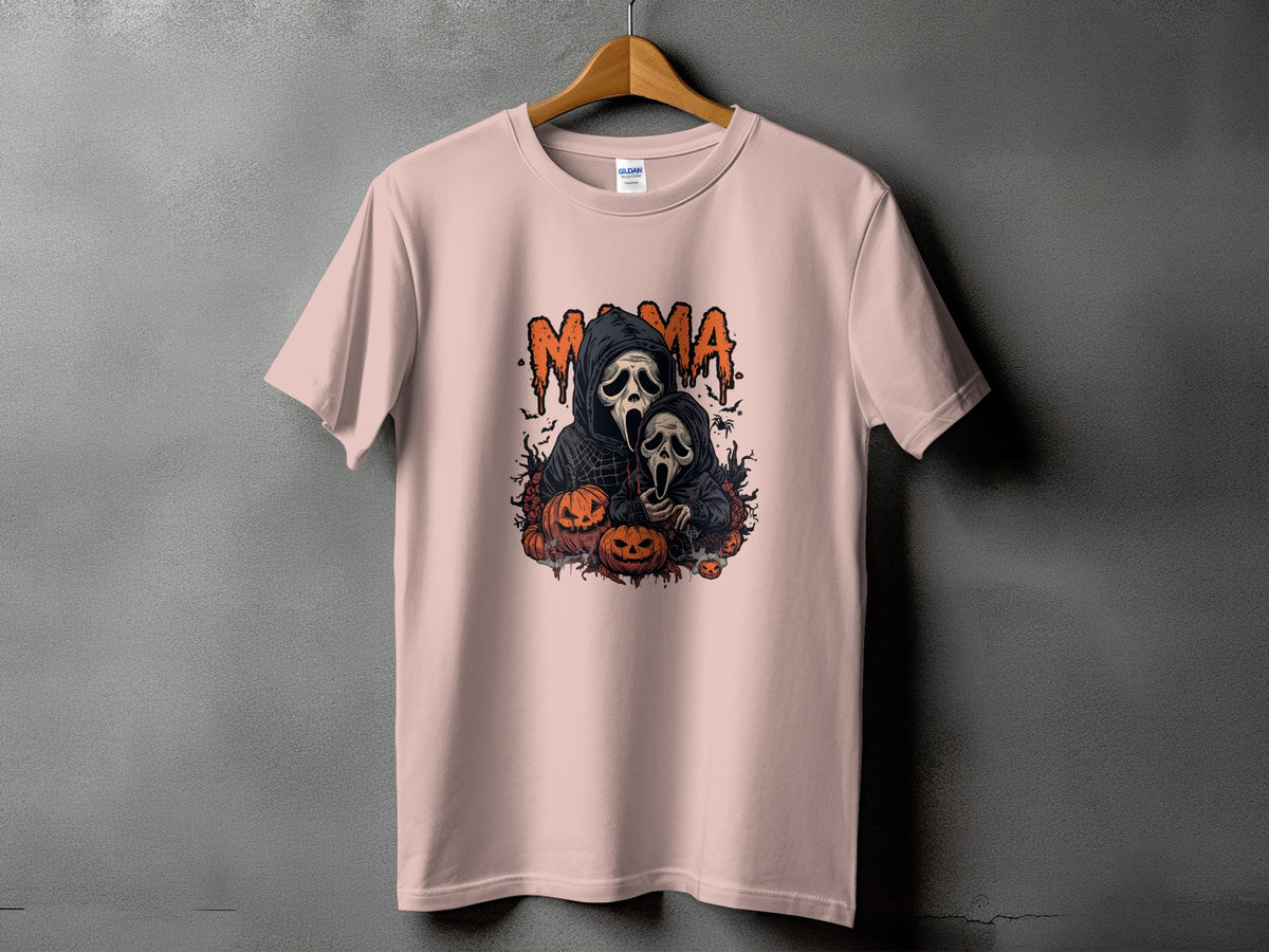 Mama ghost print with pumpkins and bats on a pink t-shirt.