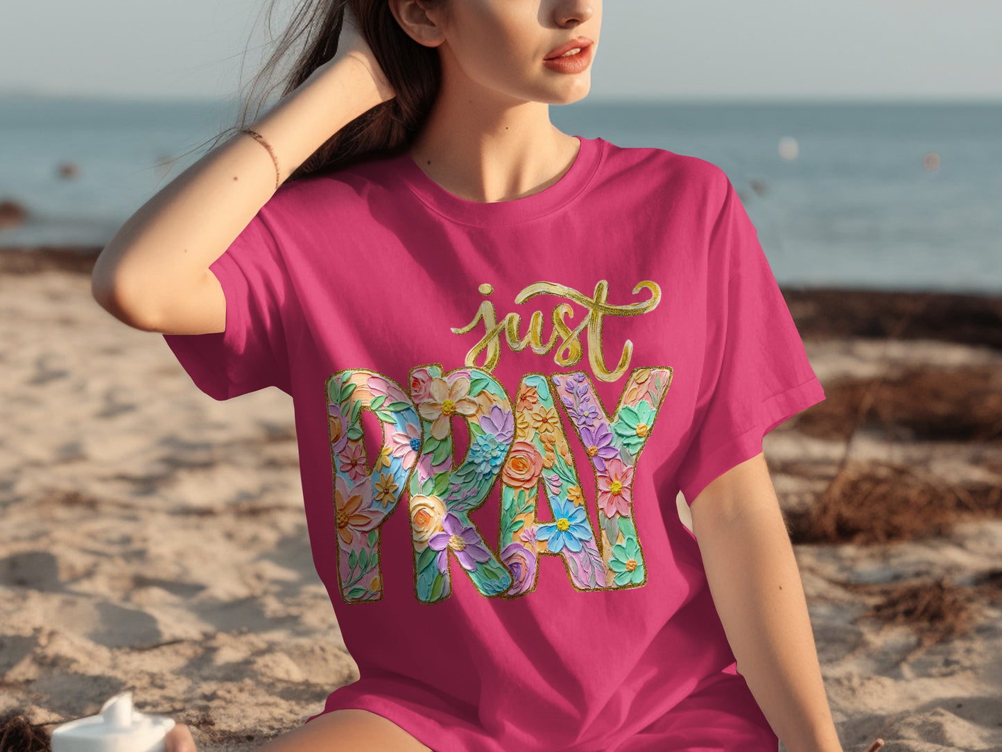 Colorful Just Pray Graphic Design T-Shirt