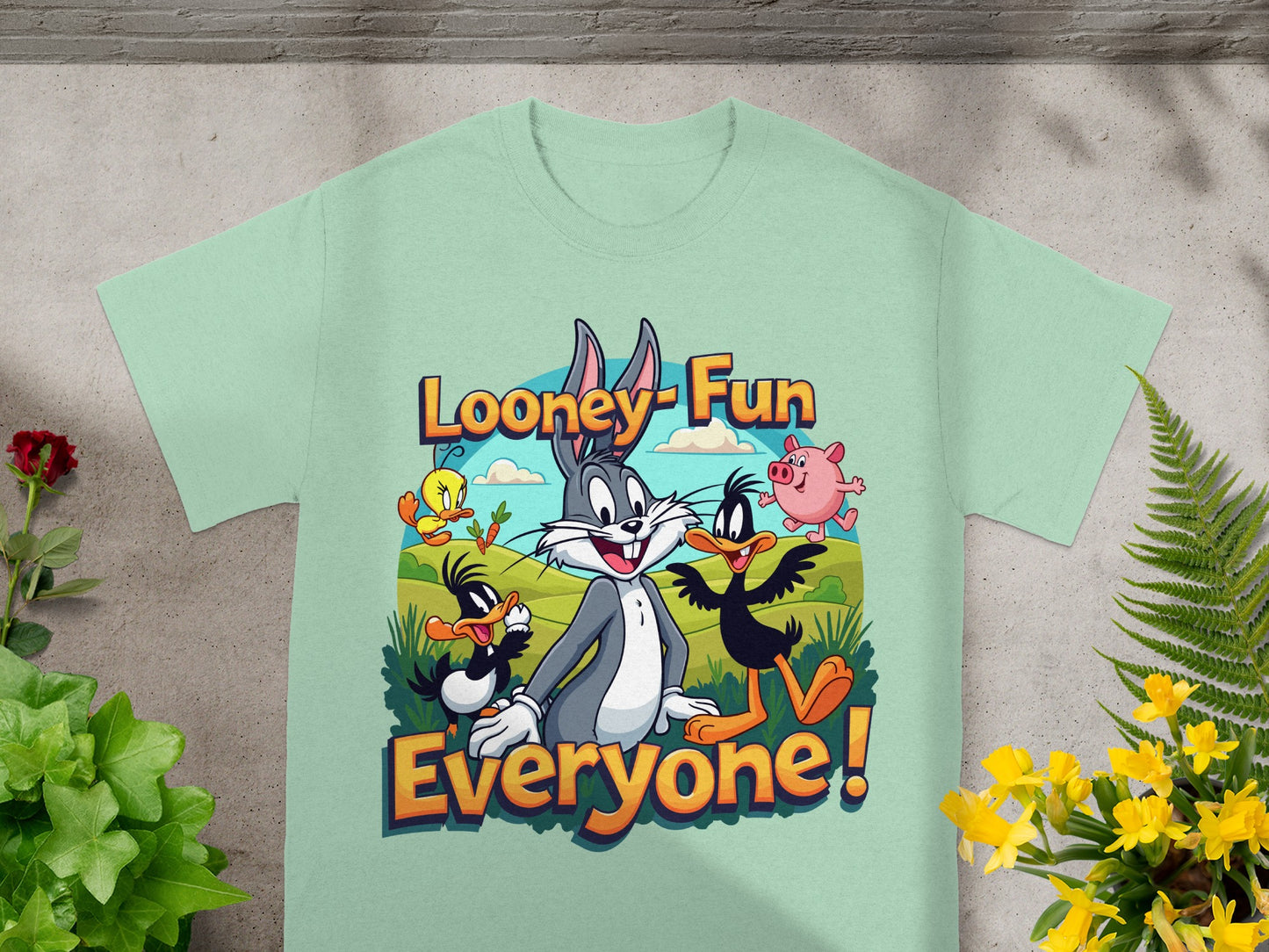 Looney Tunes characters Bugs Bunny, Daffy Duck, and Porky Pig on a t-shirt.