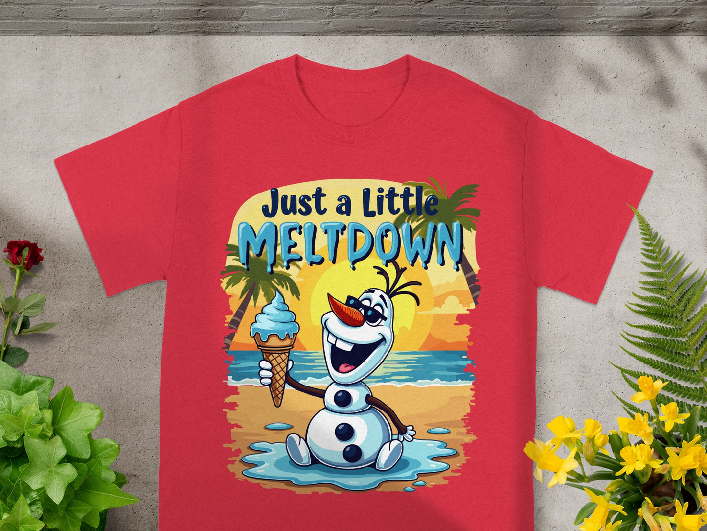 Olaf character holding an ice cream cone on a beach with "Just a Little Meltdown" text.