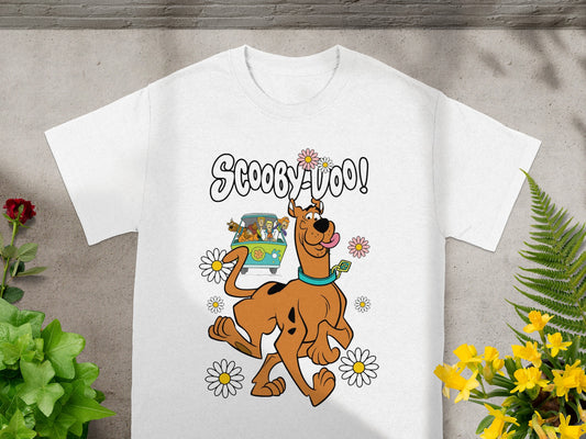 Scooby-Doo graphic with Scooby and Mystery Machine on a white t-shirt.