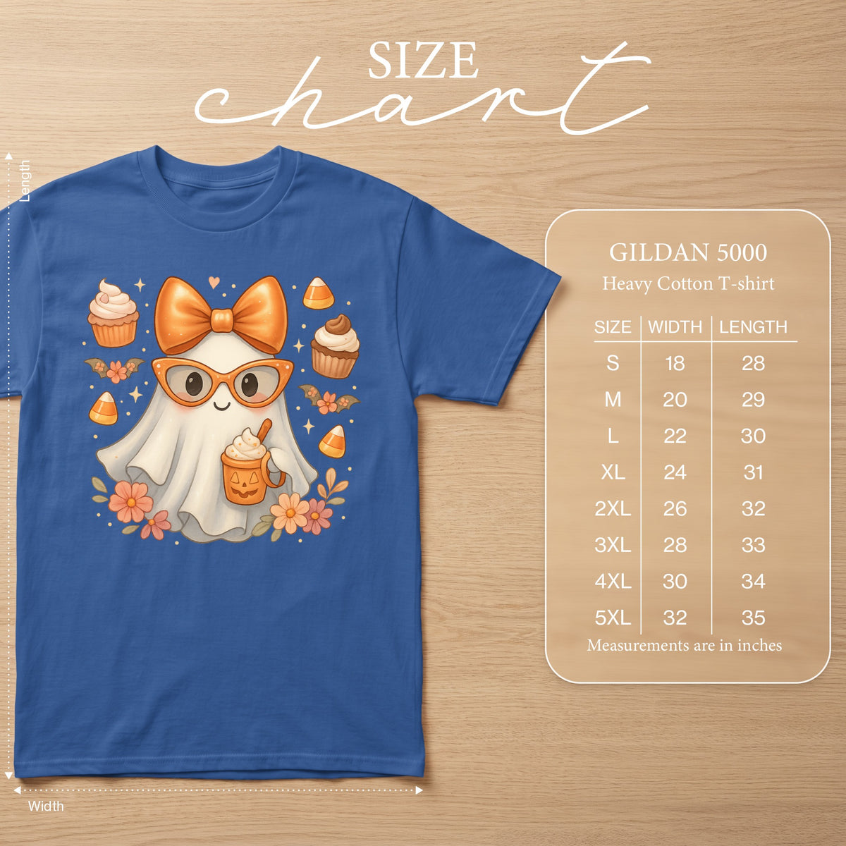 Gildan 5000 Heavy Cotton T-shirt size chart with ghost graphic.