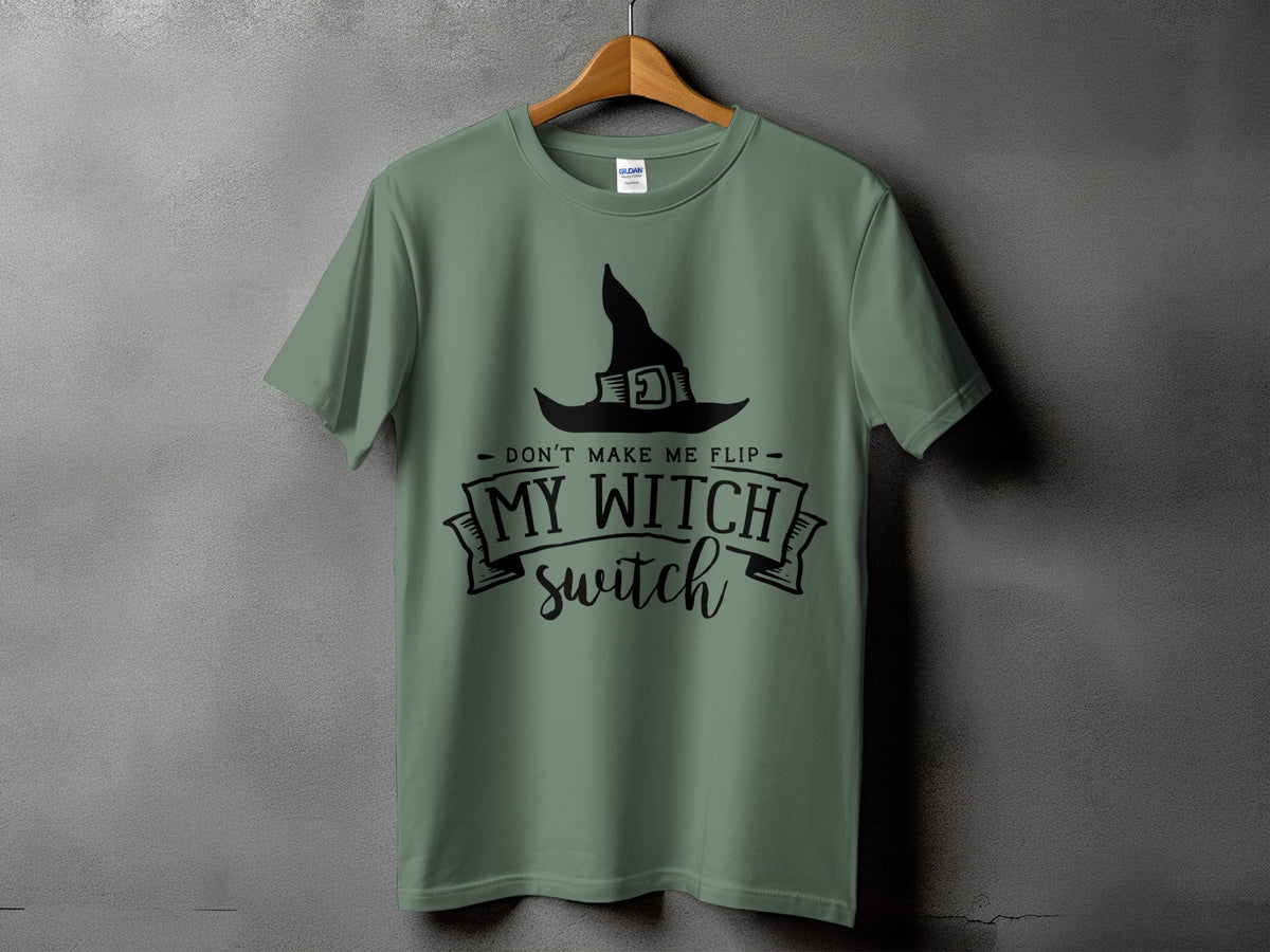 Green t-shirt with black witch hat and "My Witch Switch" text design.