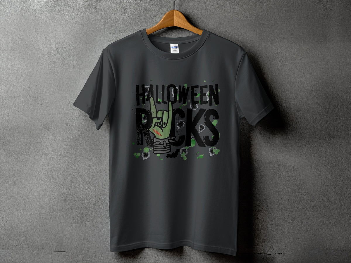 Dark grey t-shirt with "Halloween Rocks" text and zombie hand graphic.