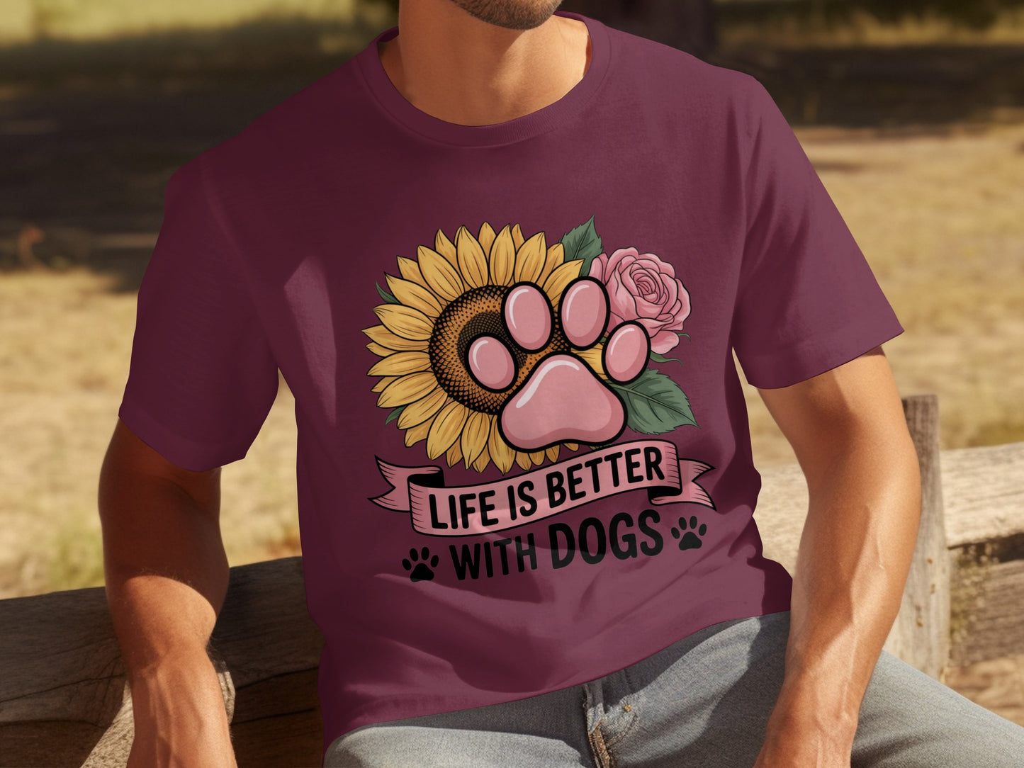 Life is Better With Dogs Floral Paw Print T-Shirt
