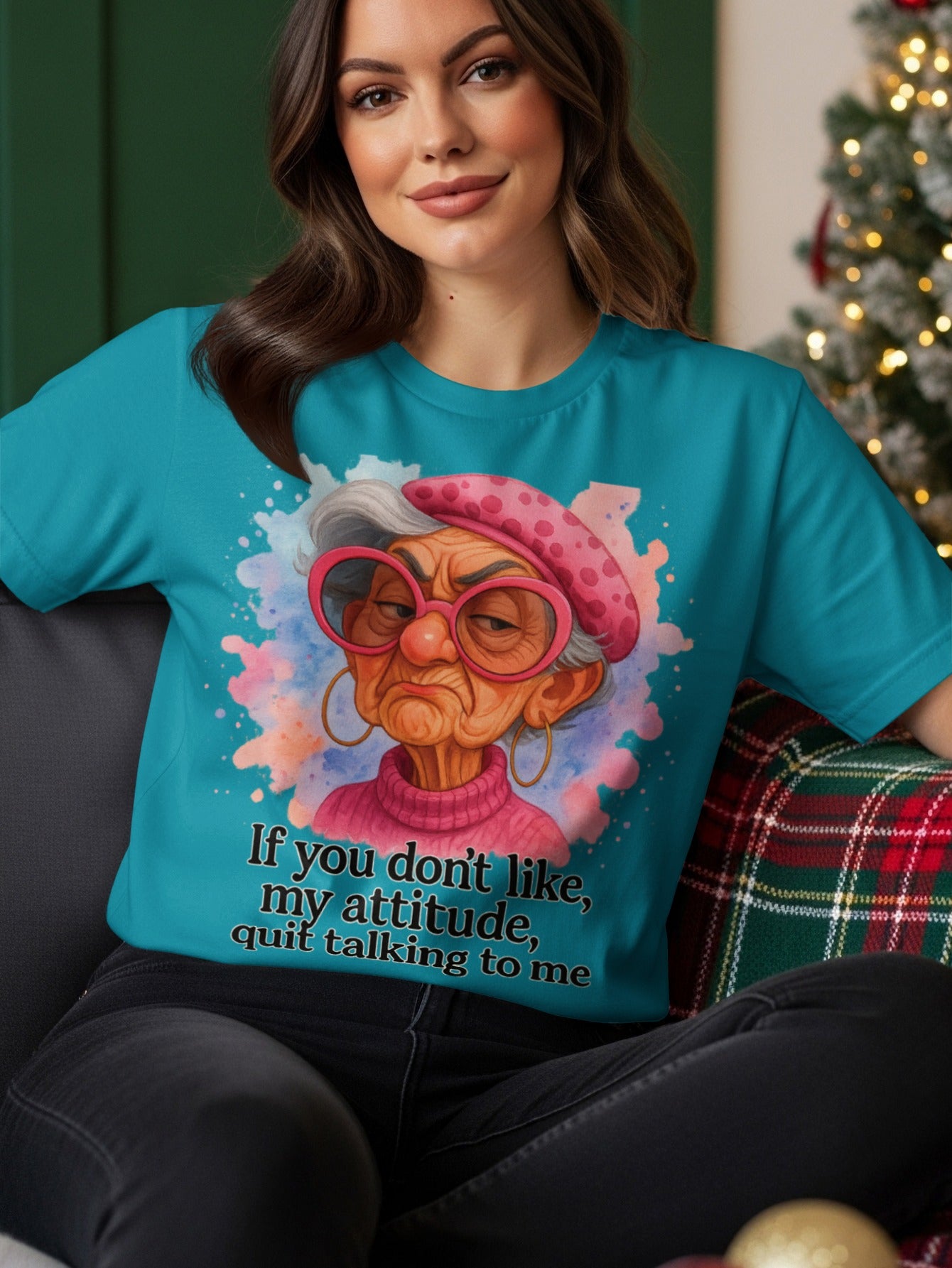T-shirt with graphic of an elderly woman with pink beret and text.