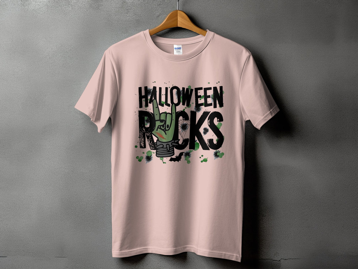 Light pink t-shirt with black text "HALLOWEEN ROCKS" and zombie hand graphic.