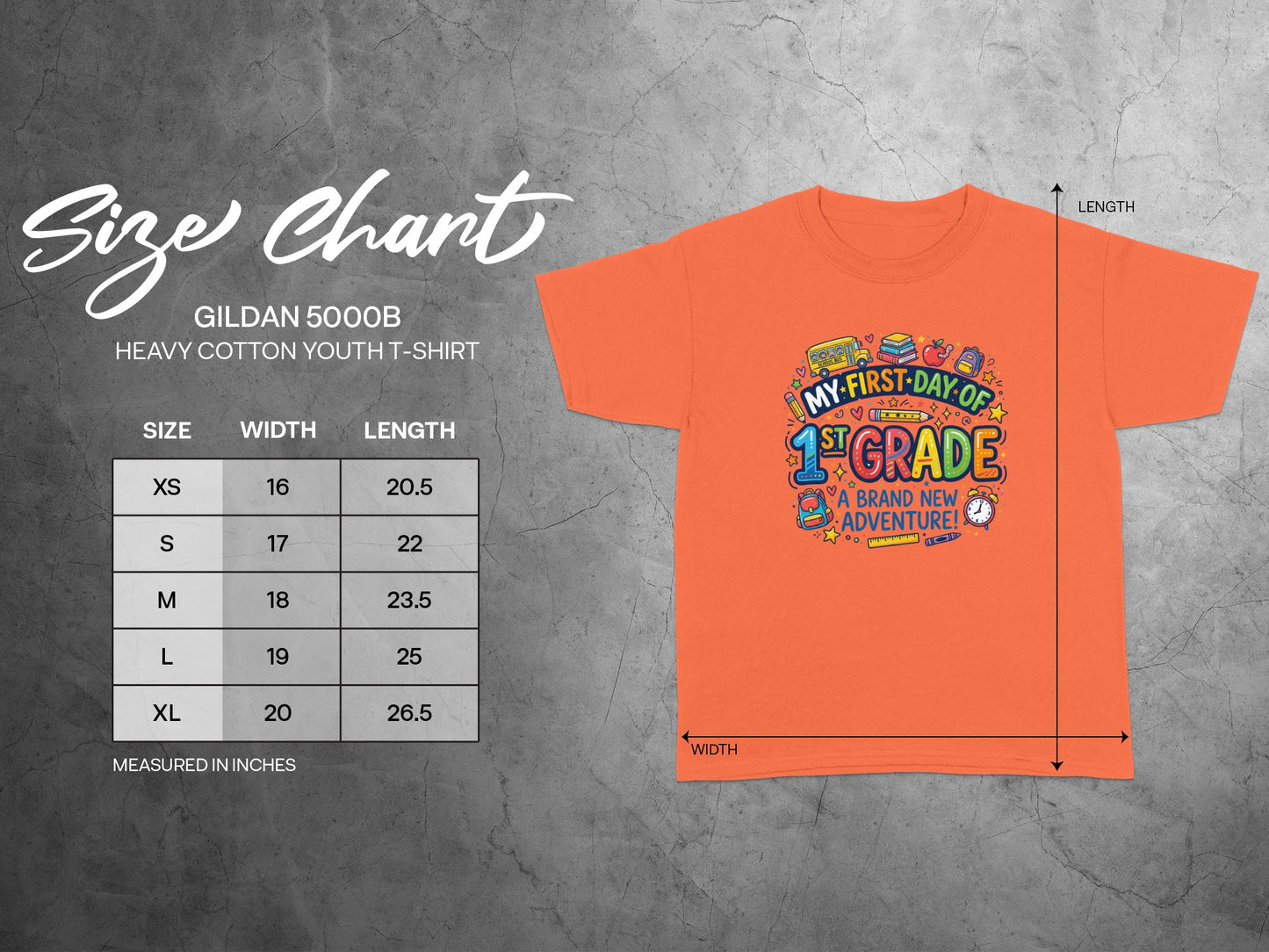 Gildan 5000B youth t-shirt size chart with width and length measurements.