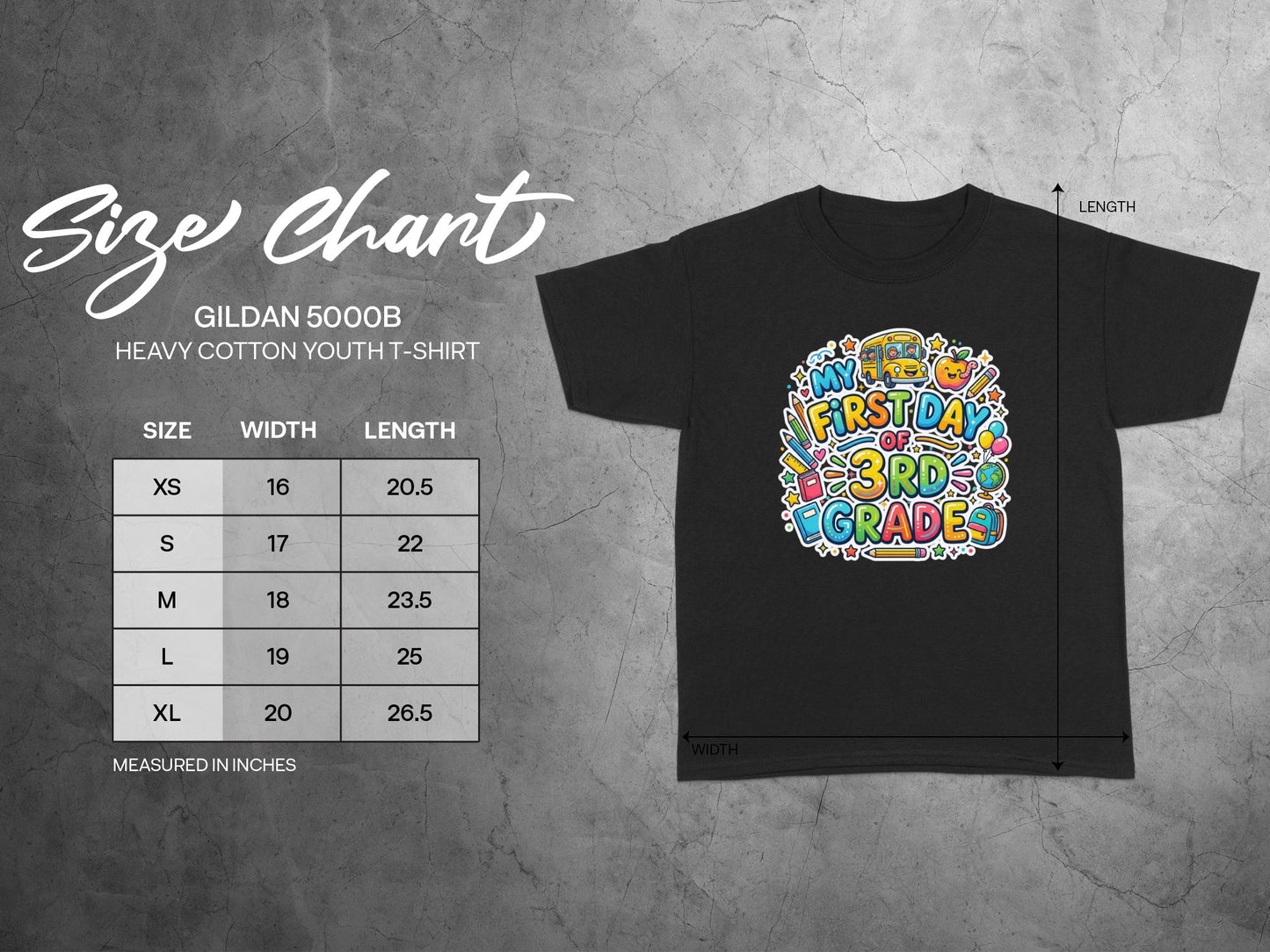 Black youth t-shirt with "My First Day of 3rd Grade" graphic and size chart.