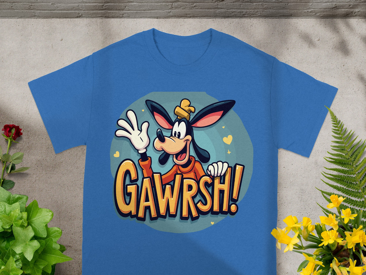 Blue t-shirt with Goofy character exclaiming "GAWRSH!".