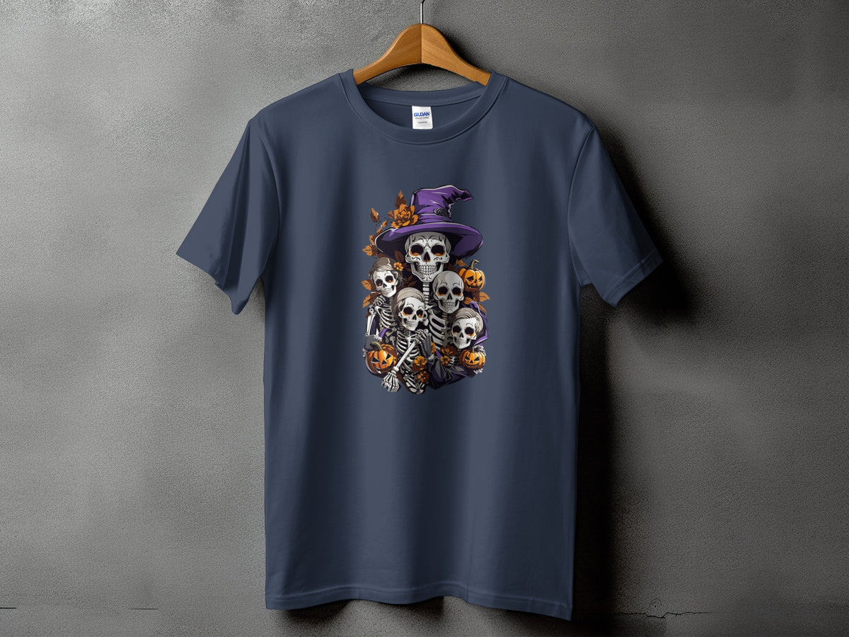 T-shirt with a group of skeletons wearing a witch hat and pumpkins.