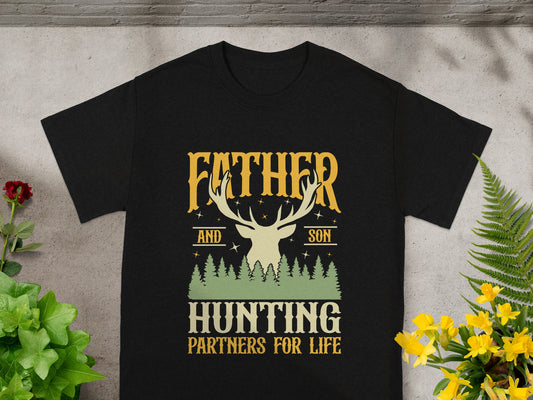 Black t-shirt with deer graphic and text "FATHER AND SON HUNTING PARTNERS FOR LIFE".
