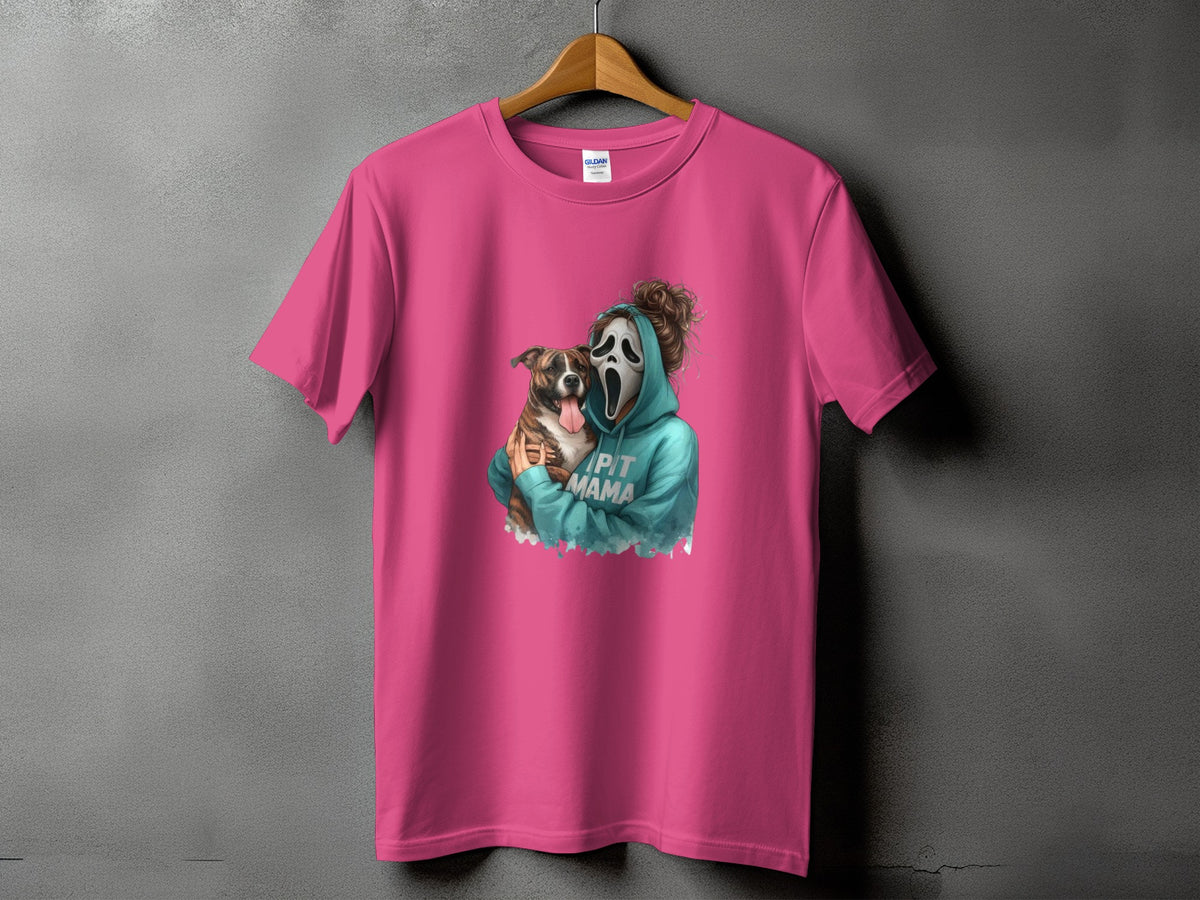 Pink t-shirt with a graphic of a person in a Ghostface mask holding a pit bull, text says "PIT MAMA".