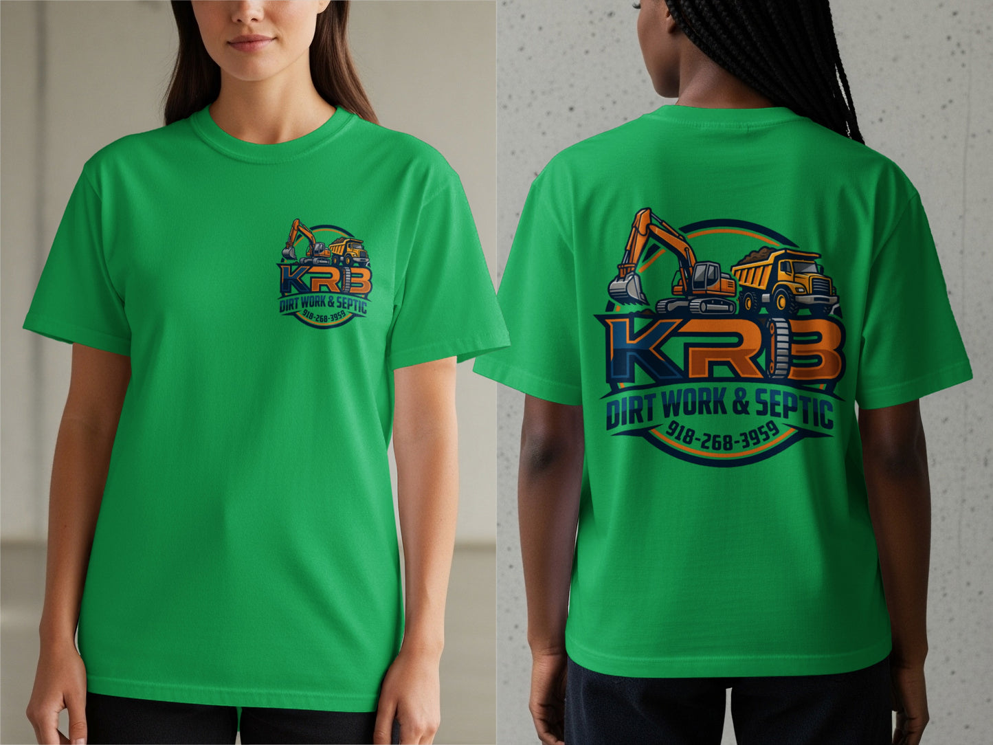 Green t-shirt with KRB Dirt Work & Septic logo featuring excavator and dump truck.
