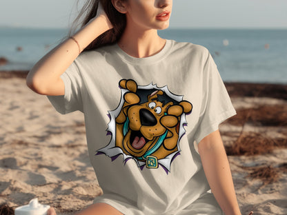 Fun and Playful Cartoon Dog Print T-shirt for Beach Days