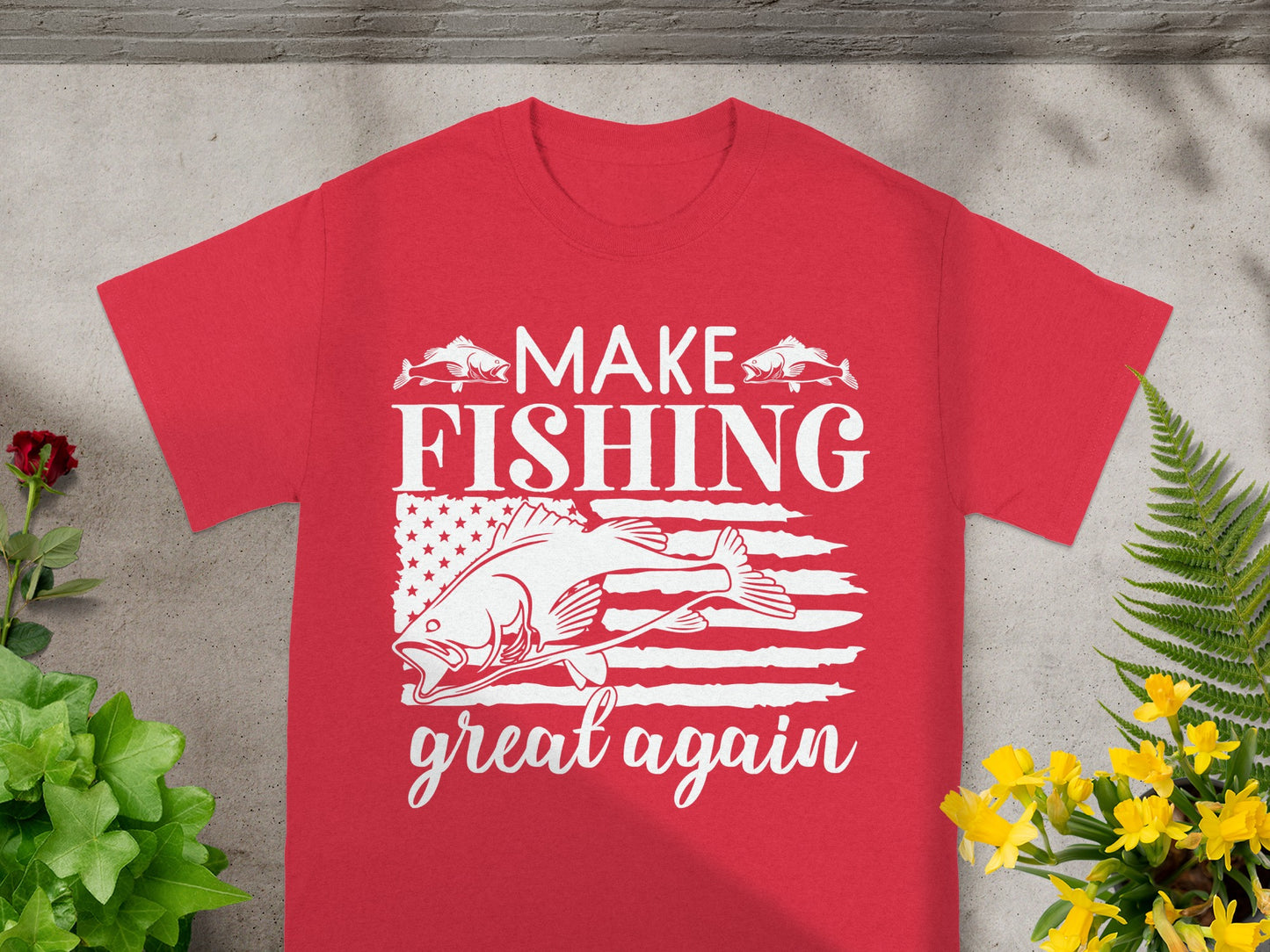 Red t-shirt with white graphic: "Make Fishing Great Again" and fish icon.