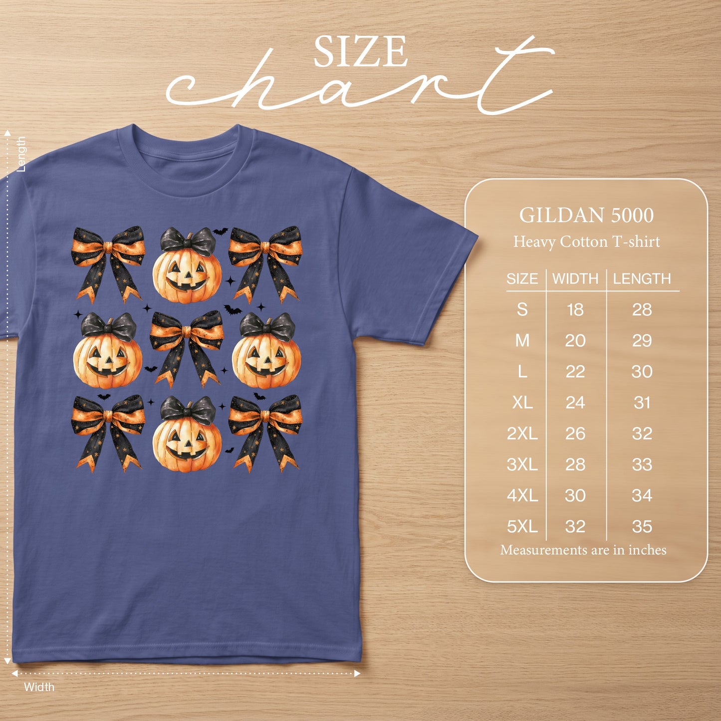 Purple Gildan 5000 t-shirt with repeating jack-o'-lantern and bow pattern. Size chart included.