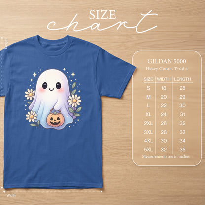 Blue Gildan 5000 t-shirt with a cute ghost holding a pumpkin and a size chart.
