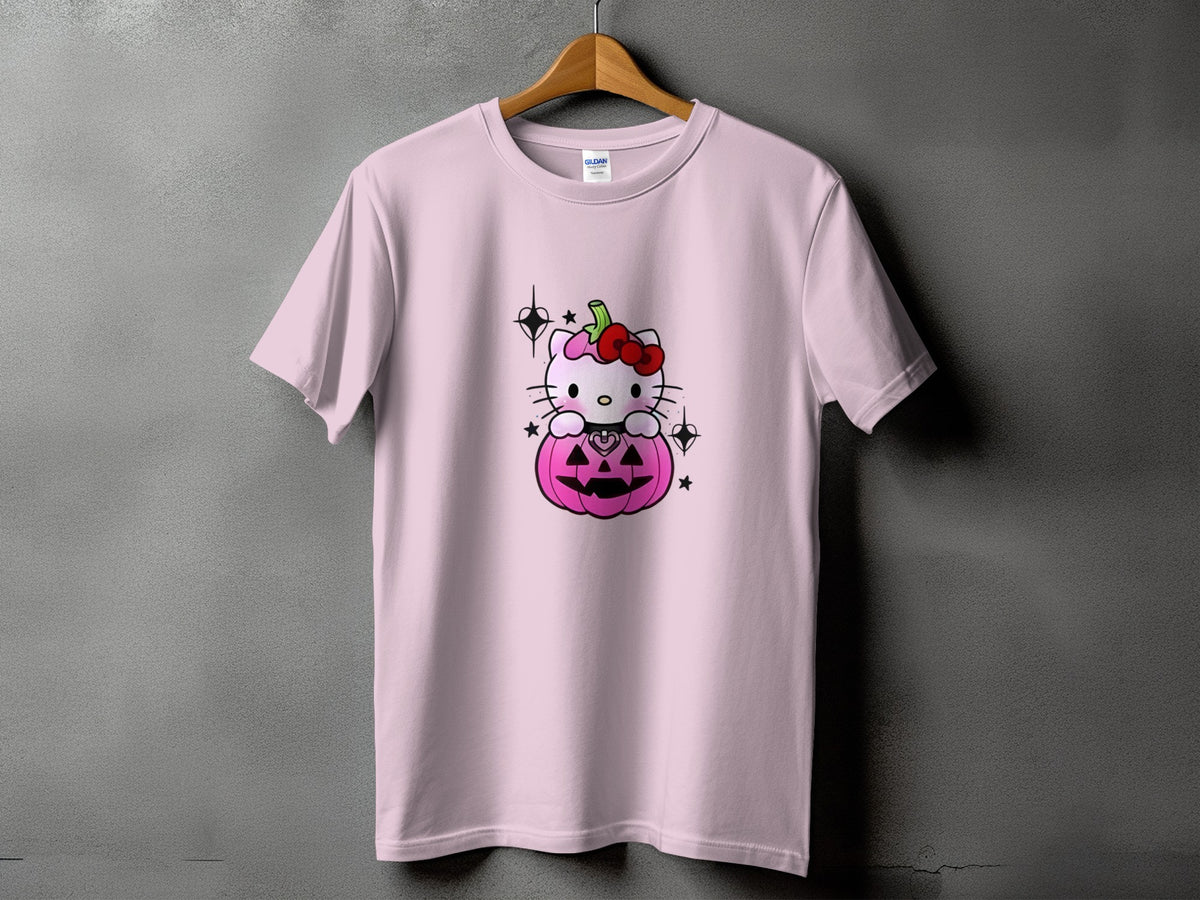 Light pink t-shirt with Hello Kitty sitting in a pink Halloween pumpkin graphic.