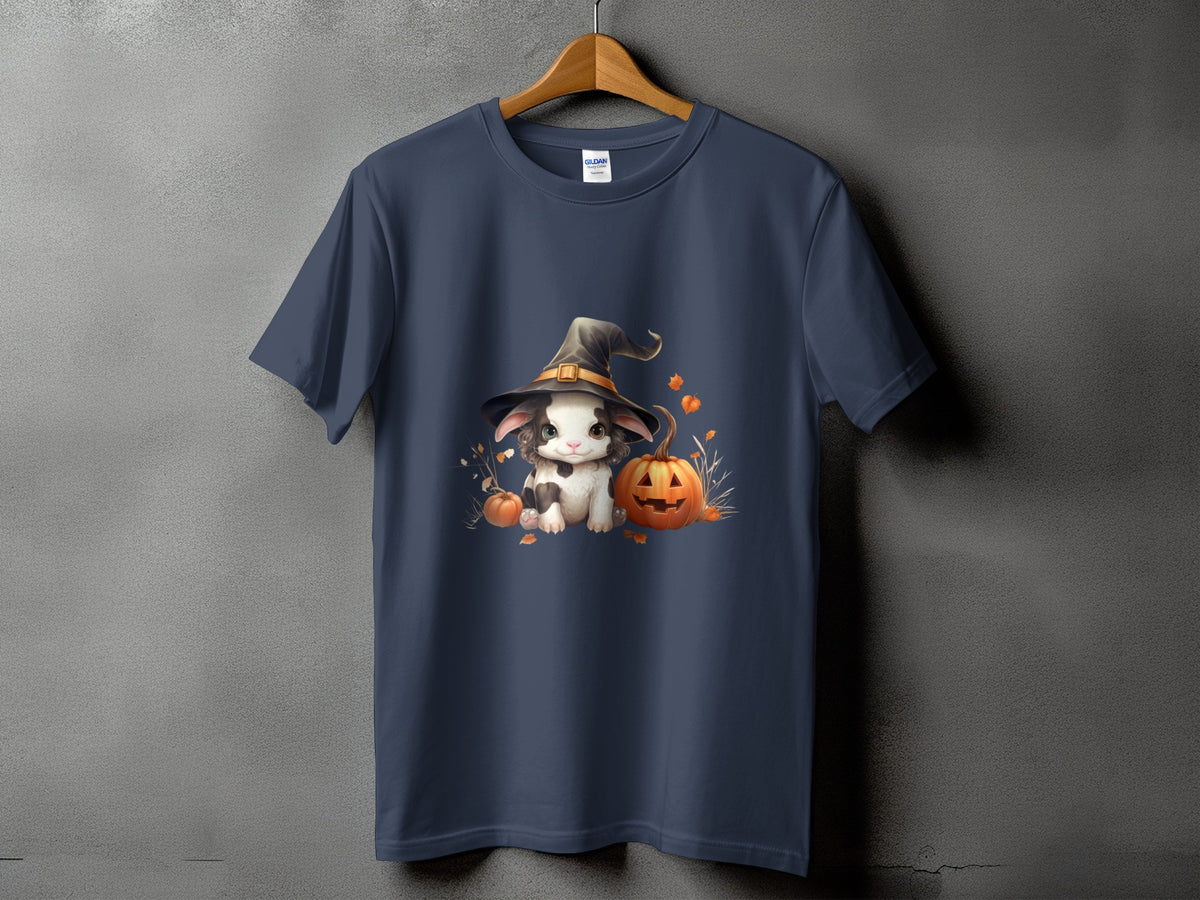 Dark blue t-shirt with a Halloween design featuring a cat wearing a witch hat and pumpkins.