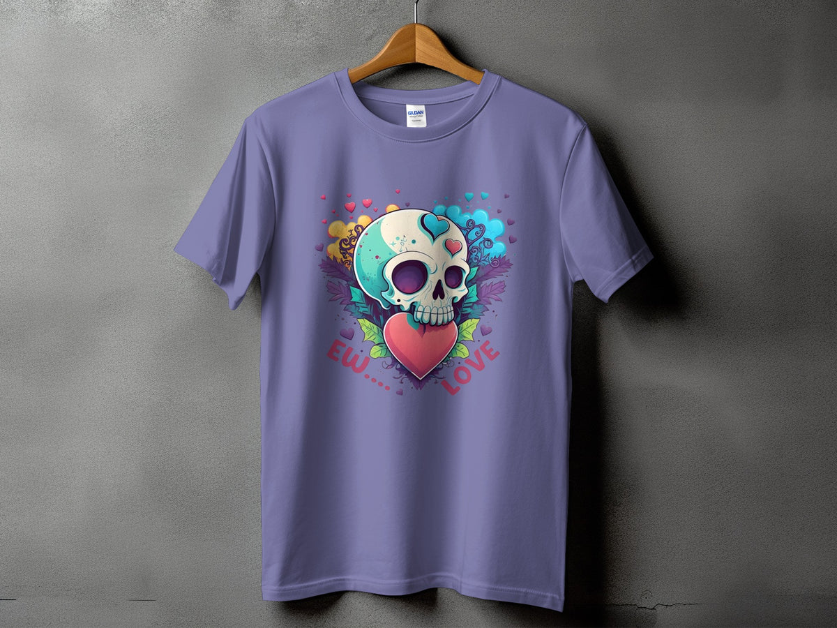 Purple t-shirt with a cartoon skull, heart, and "ew... love" text.