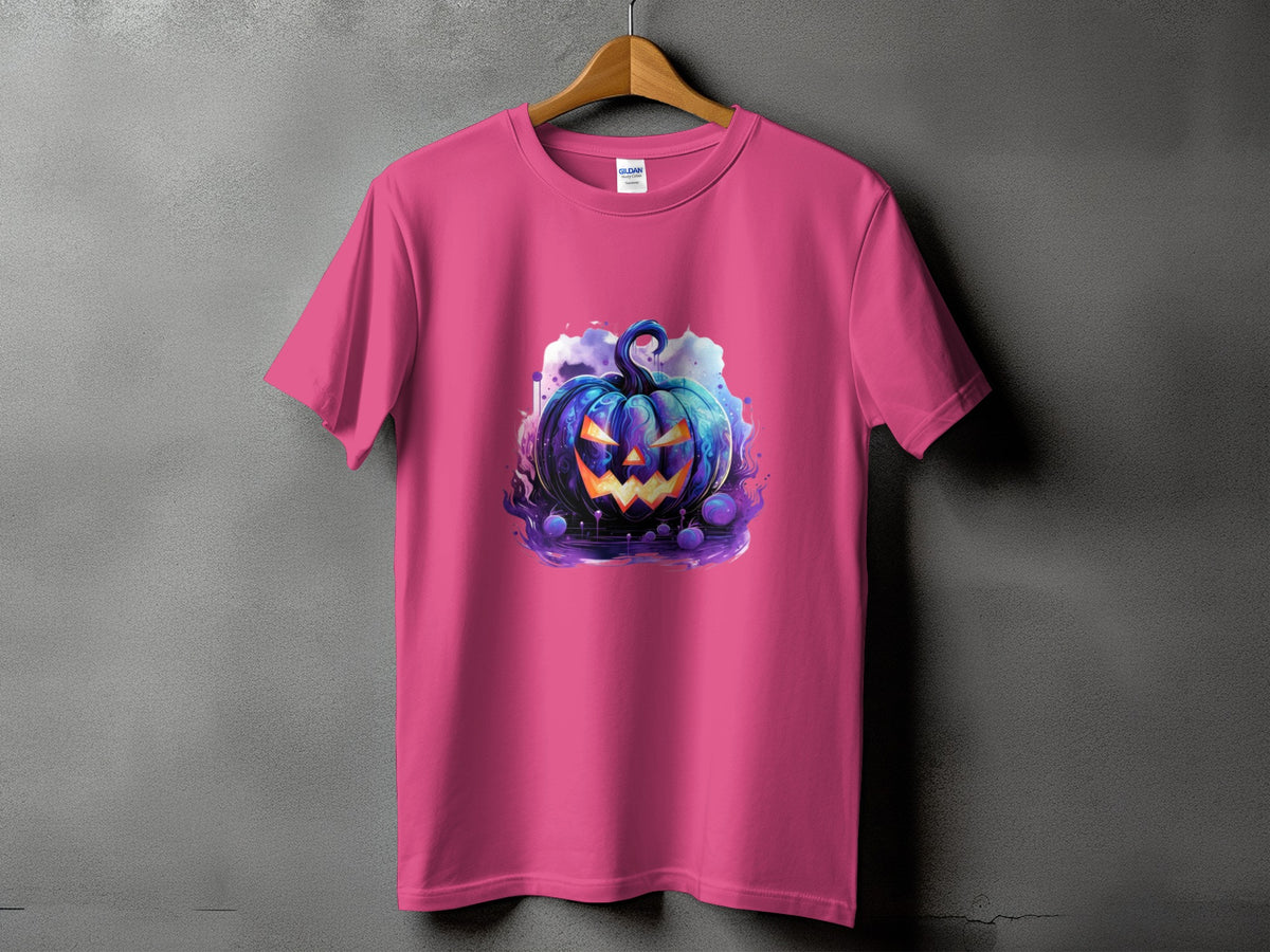 Pink t-shirt with a stylized, glowing jack-o'-lantern graphic on the front.
