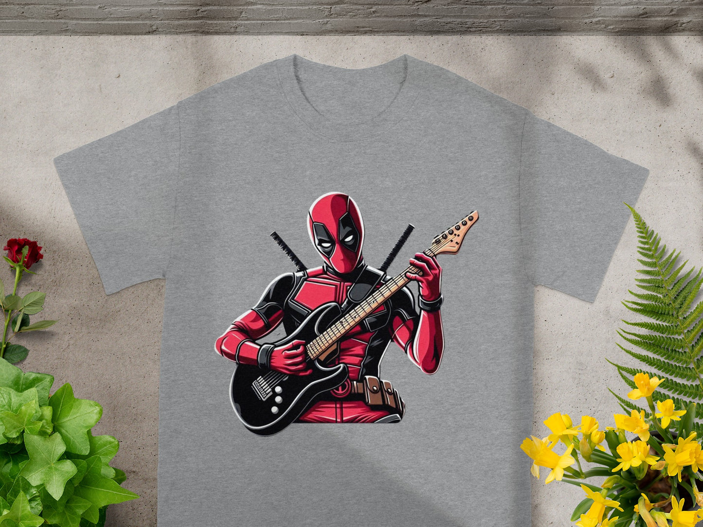 Deadpool character playing an electric guitar.