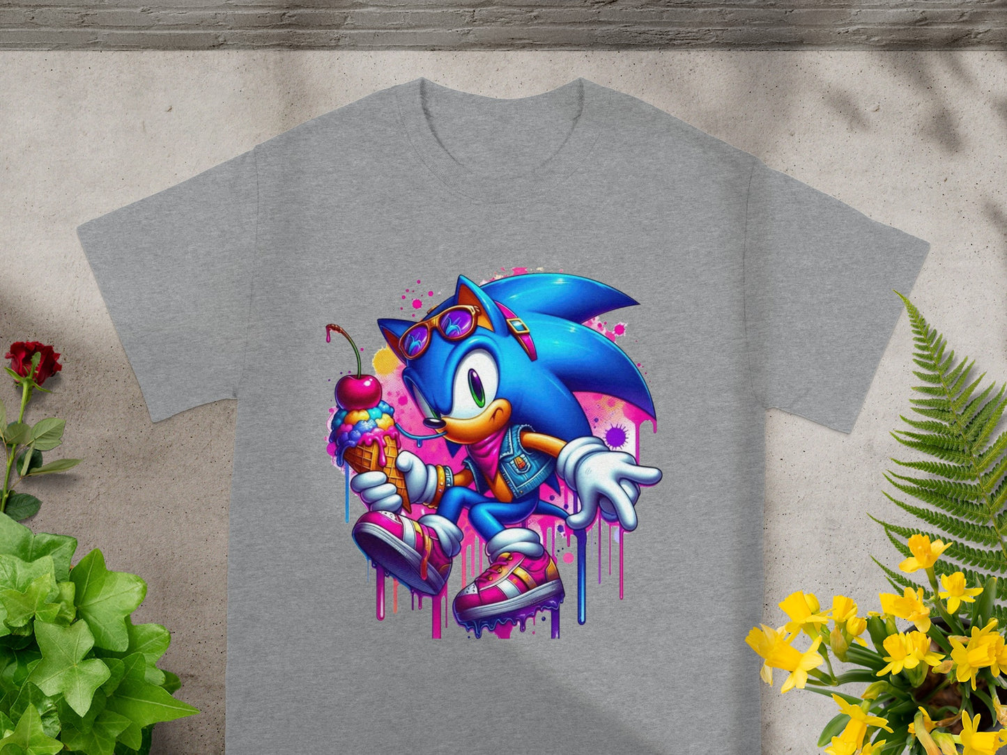 Sonic the Hedgehog with sunglasses holding a melting ice cream cone.