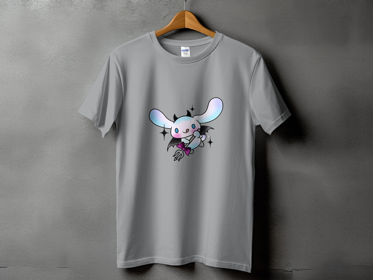Gray t-shirt with a cartoon devil bunny graphic holding a trident.