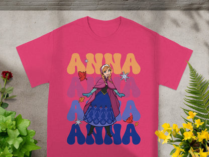 Pink t-shirt with Anna from Frozen graphic and layered "ANNA" text.