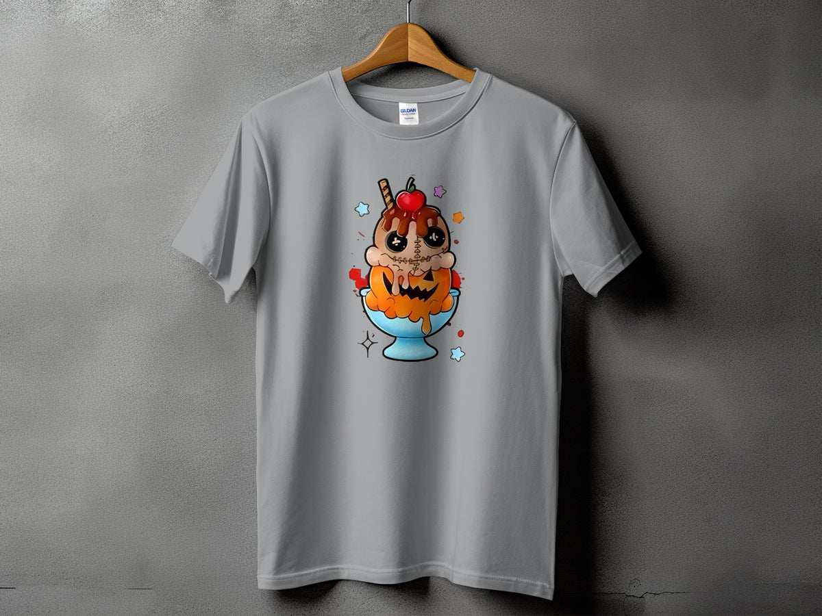 Gray t-shirt featuring a cartoon ice cream sundae with a jack-o'-lantern face.