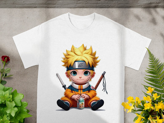 Cartoon Naruto sitting, holding a drink, with swords.