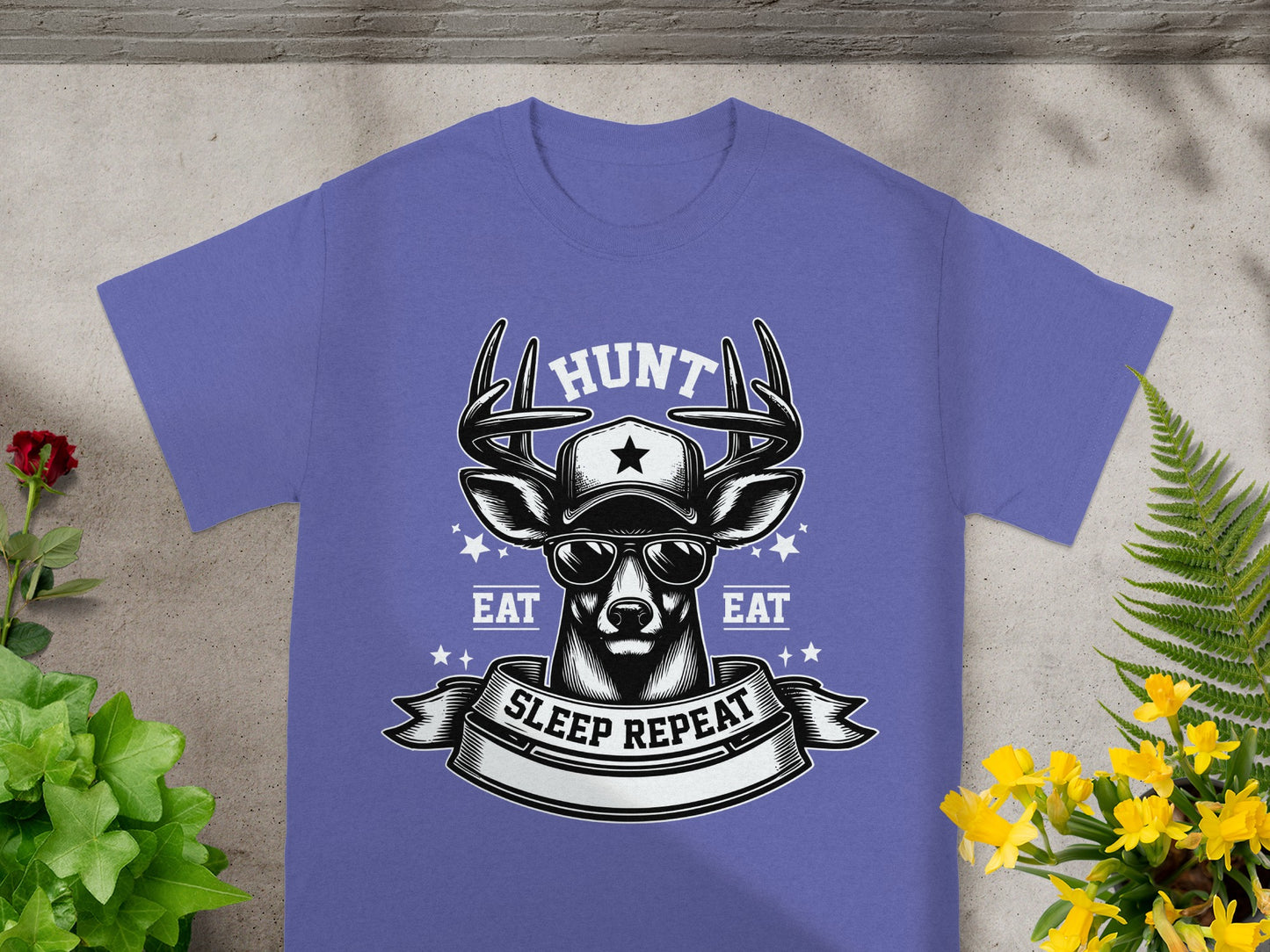 Purple t-shirt with deer wearing sunglasses and hat, text "Hunt Eat Sleep Repeat".