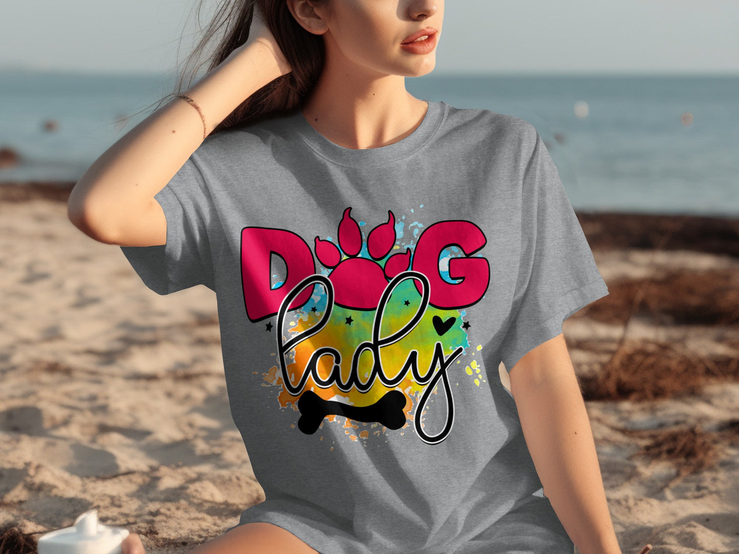 Dog Lady Colorful Graphic Paw Print T-Shirt