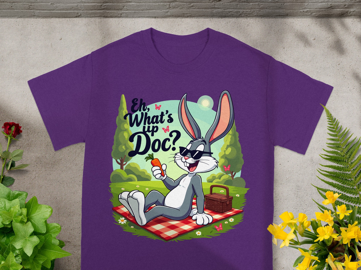 Bugs Bunny in sunglasses on a picnic blanket with a carrot.