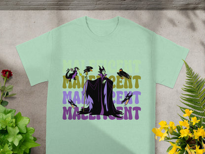 Mint t-shirt with Maleficent graphic and title in a distressed font.