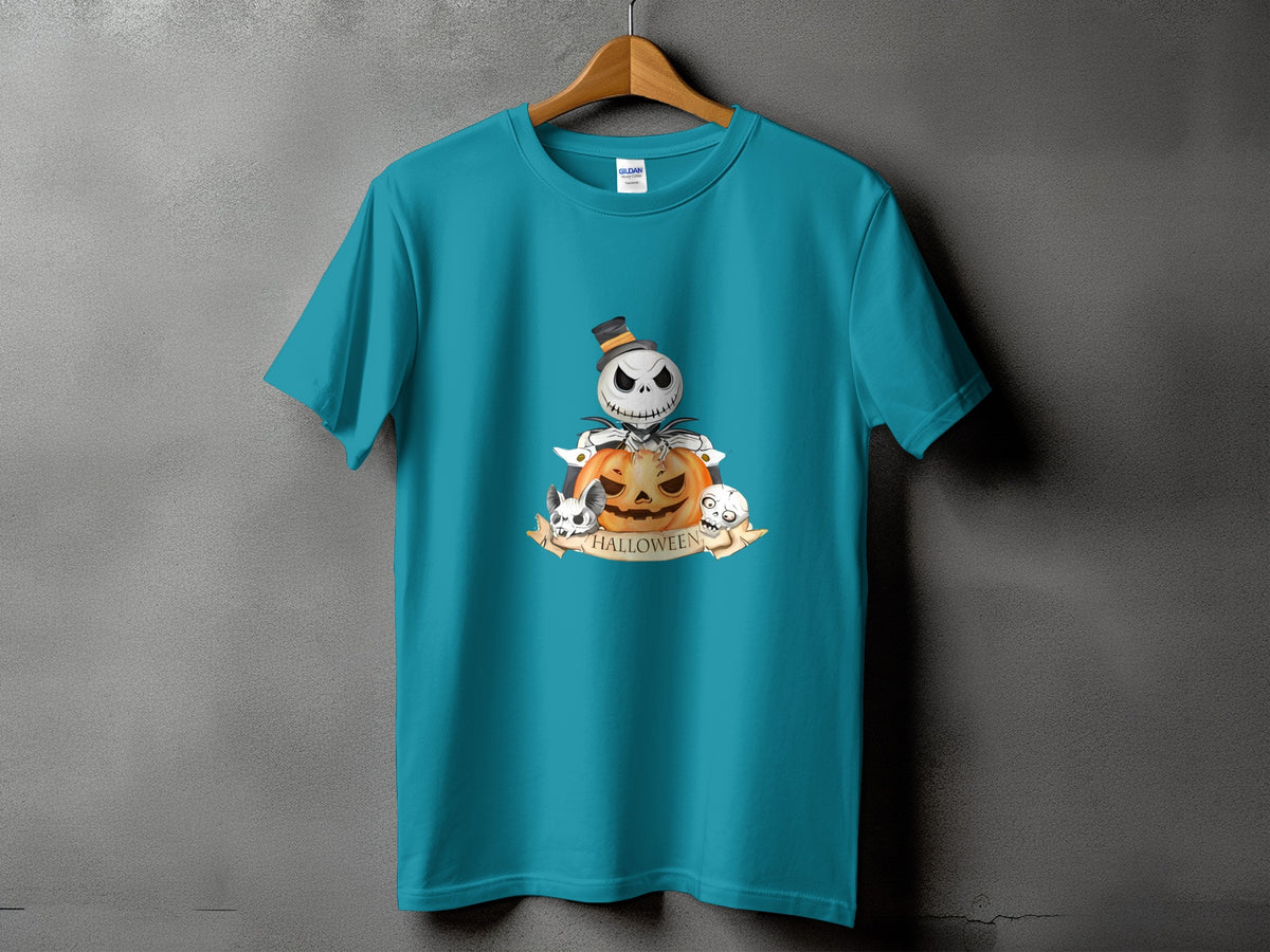 Teal t-shirt with Halloween graphic featuring a skeleton, pumpkin, and skulls.
