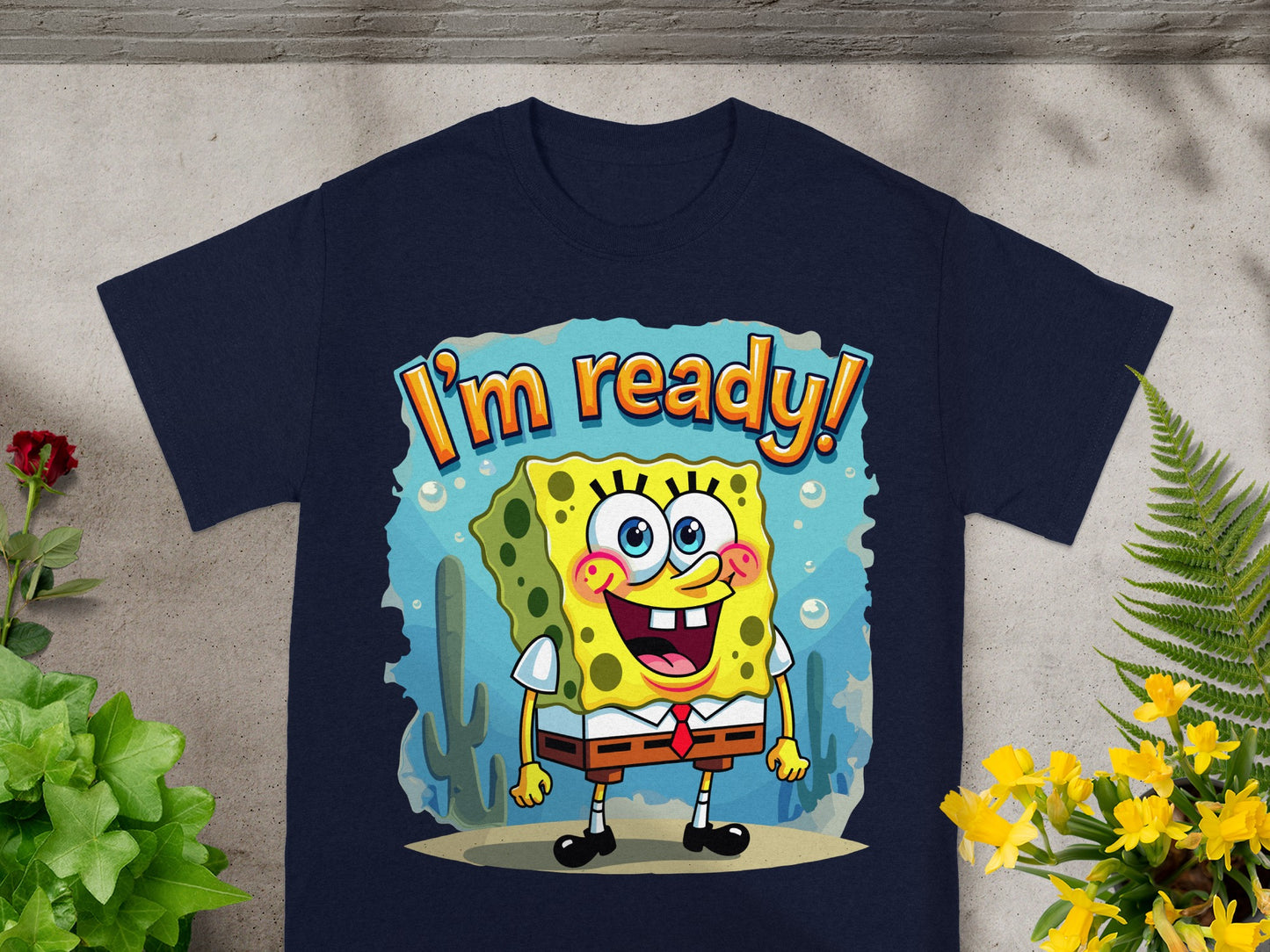 SpongeBob SquarePants on a navy t-shirt, with text "I'm ready!"