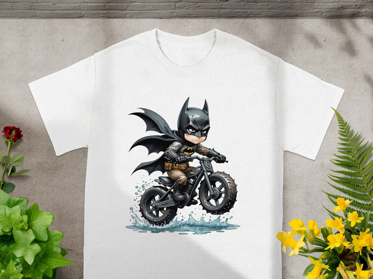 Cartoon Batman riding a dirt bike, splashing water.