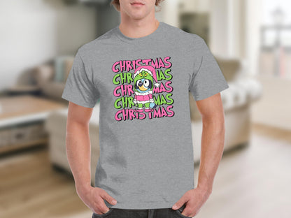 Colorful Christmas Cartoon Design on Grey T-shirt