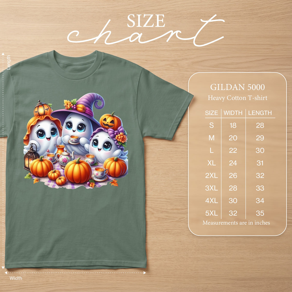 Green Gildan 5000 t-shirt with kawaii ghosts, pumpkins, and tea set graphic. Size chart included.