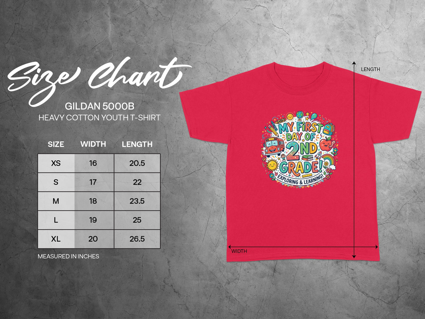 Gildan 5000B youth t-shirt size chart with width and length measurements.