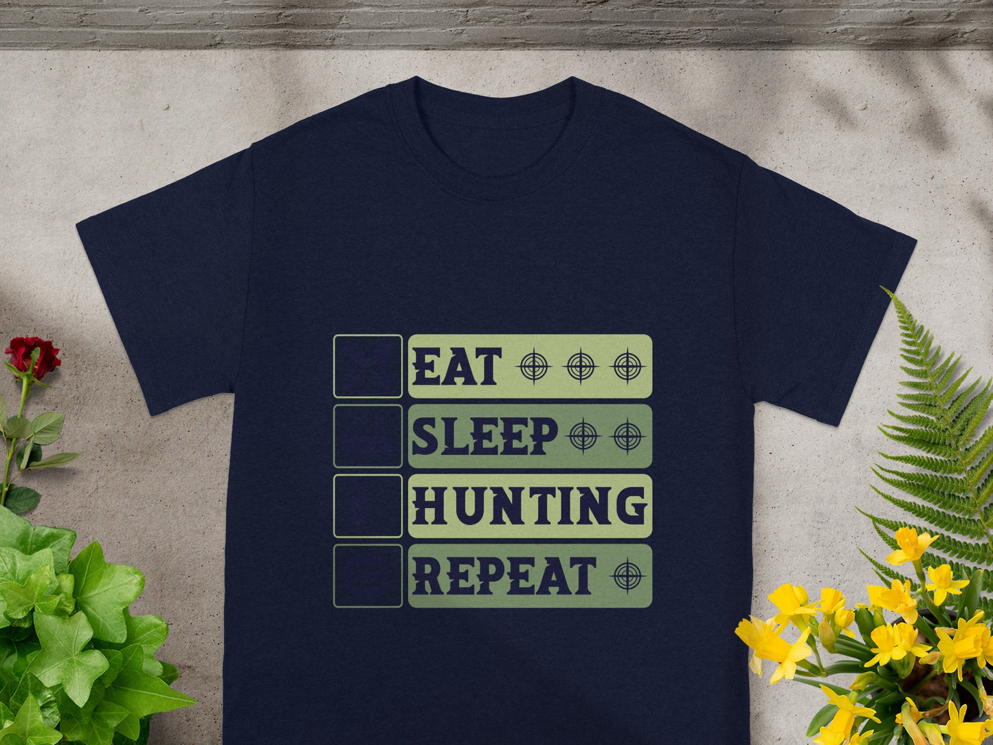 Navy t-shirt with "Eat, Sleep, Hunting, Repeat" checklist graphic.