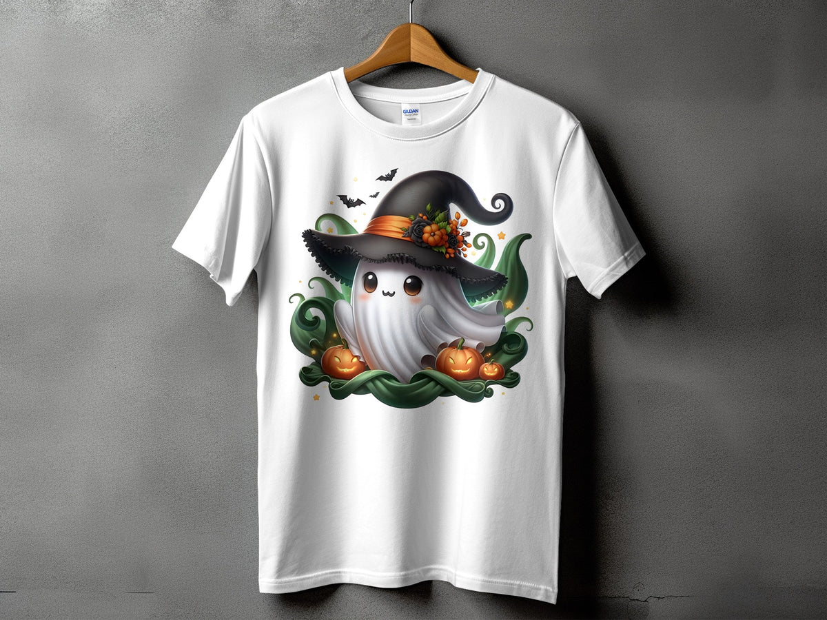 White t-shirt with a cute ghost wearing a witch hat and surrounded by pumpkins.