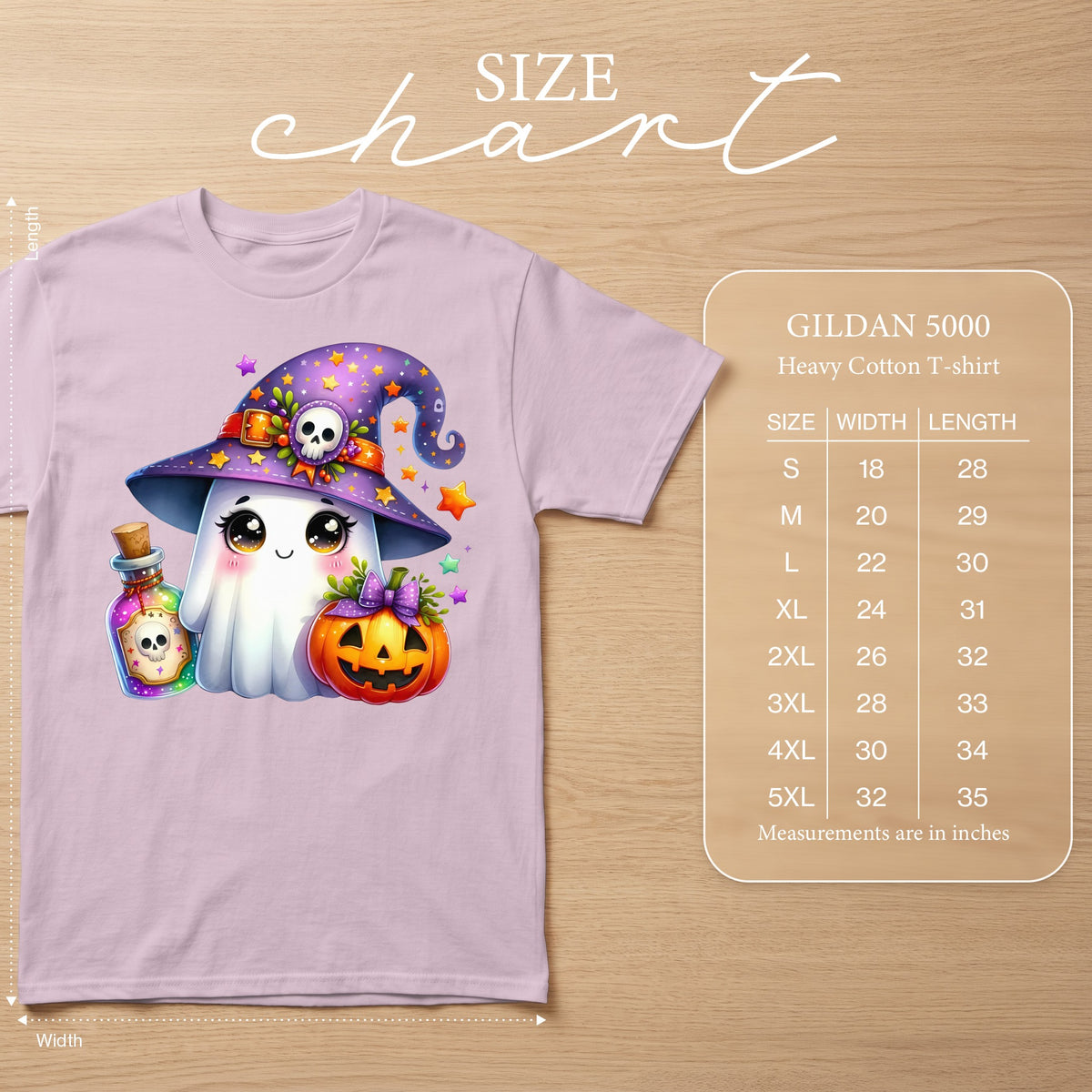 Lilac t-shirt with cute ghost wearing witch hat, pumpkin, and potion, with size chart.