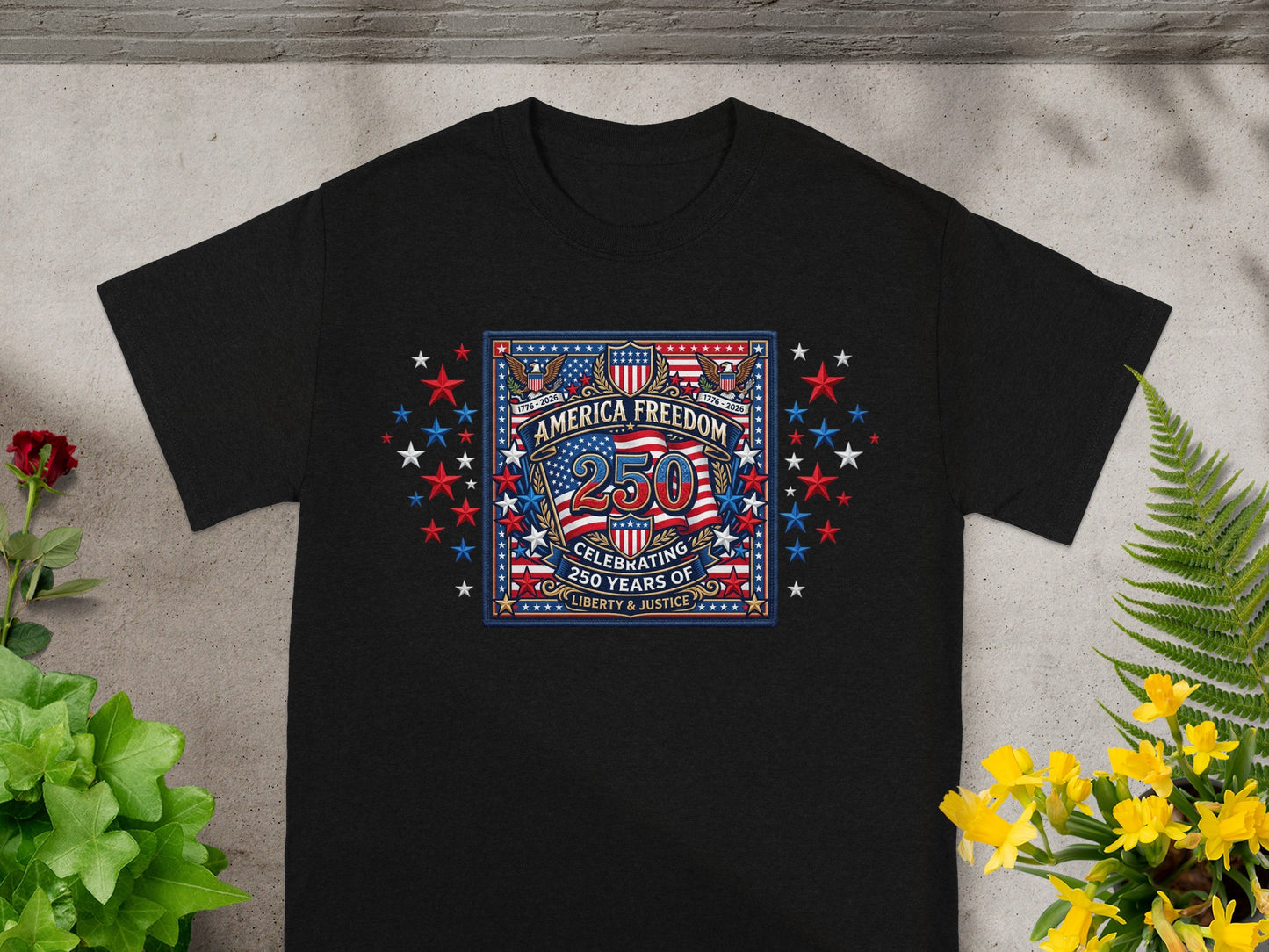 Black t-shirt with "America Freedom 250 Years of Liberty & Justice" design.